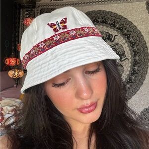 White Bucket Hat with Embroidered Butterfly